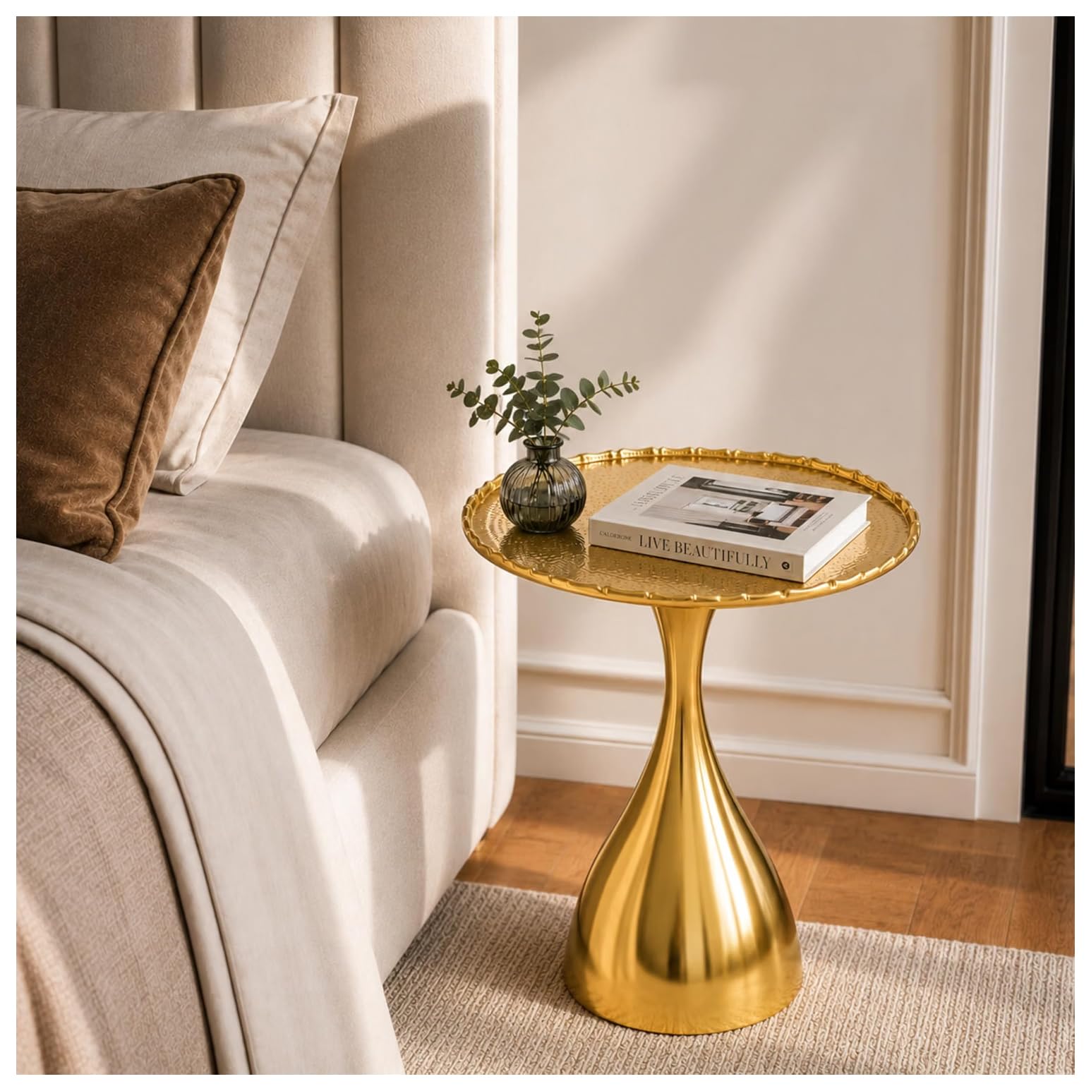 Round Side Table, 15x18 Inch Metal Accent Table with Pedestal Base