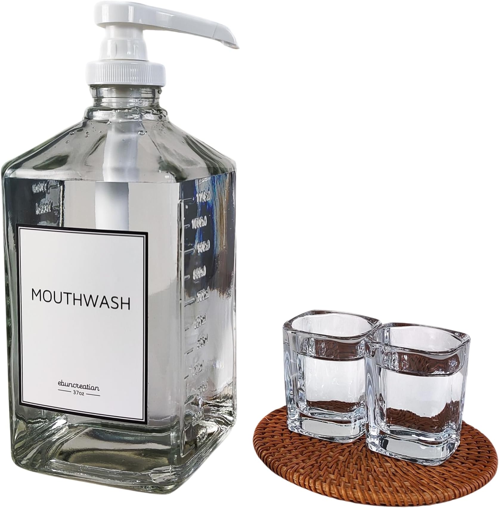 eBun 37oz Glass Mouthwash Dispenser for Bathroom, Countertop Container with Reusable Rinse Cups, Kids Mouthwash Pump, Elegant Mouth Wash Holder, Dish Soap Dispenser Set, Hand Soap Bottle, Decanter