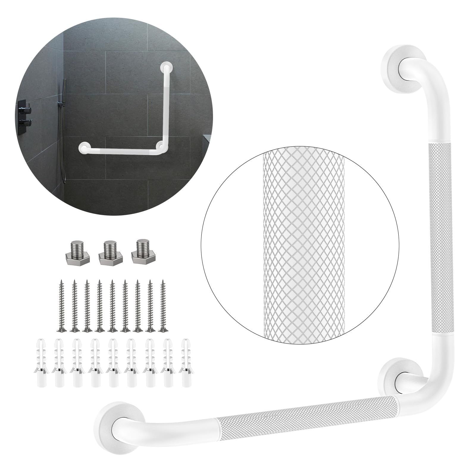 Angled Grab Bar - 16x16 Inch Stainless Steel Knurled Toilet Handles Wall Mounted Bathroom Handicap Safety Rails for Elderly Injured Balance Support,