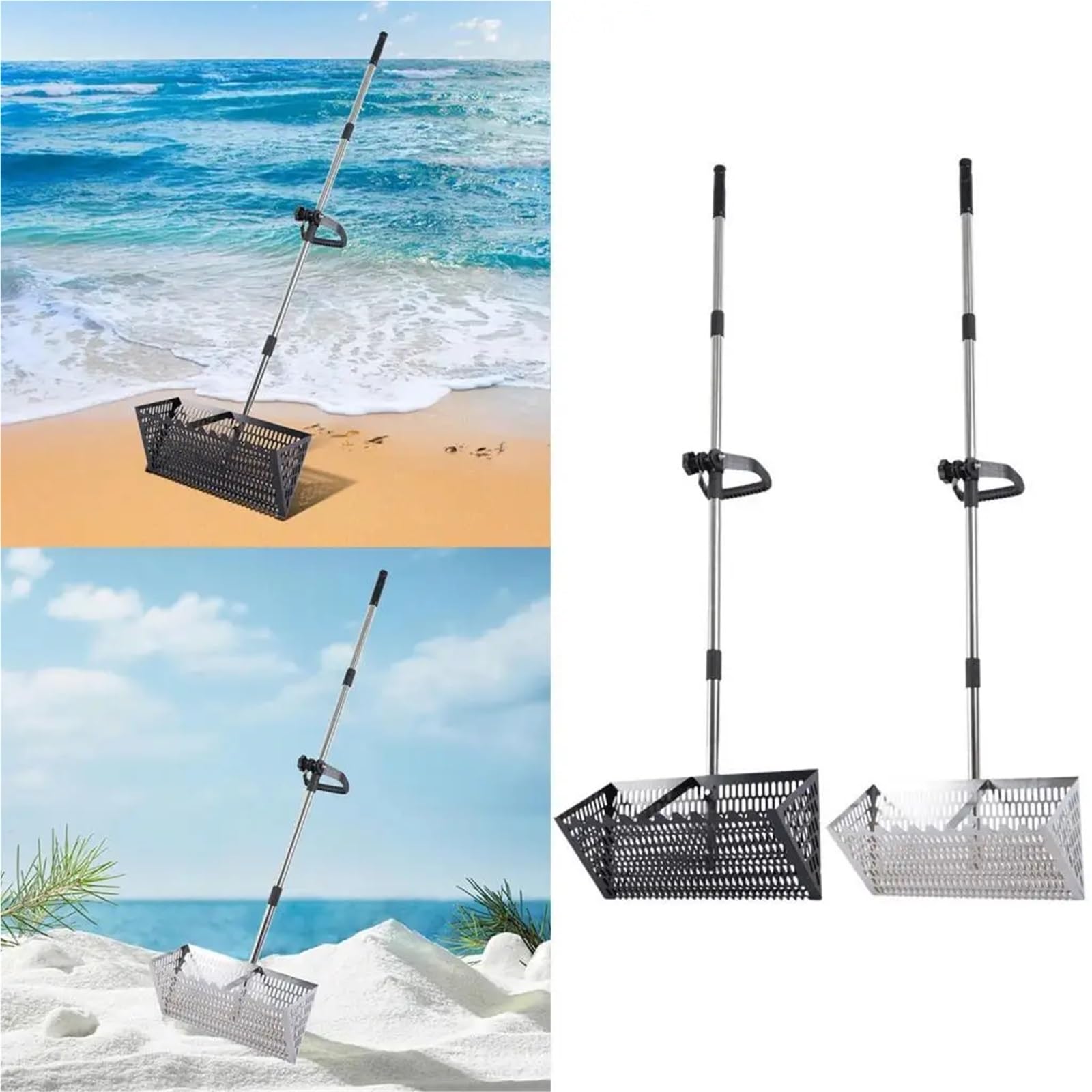 Rastrillo per pulci di sabbia Rastrello for sabbia, pala da spiaggia in rete, staccabile, portatile, ergonomico, con manico lungo(Black)
