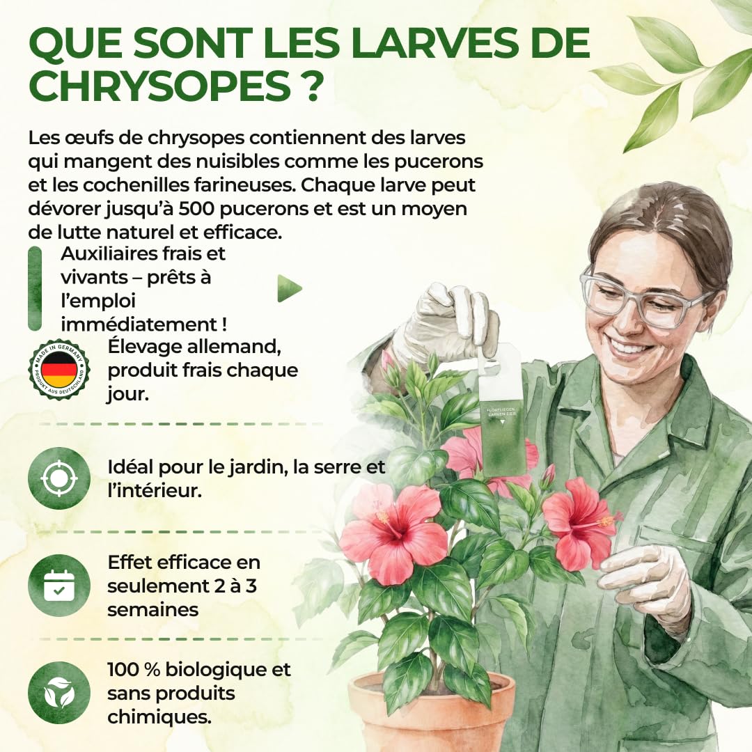 GREEN GUARDIA Power Lot de 15 sachets d'œufs de larves de chrysopes contre les pucerons et les cochenilles – Produit biologique pour lutter efficacement contre les pucerons et les cochenilles pour