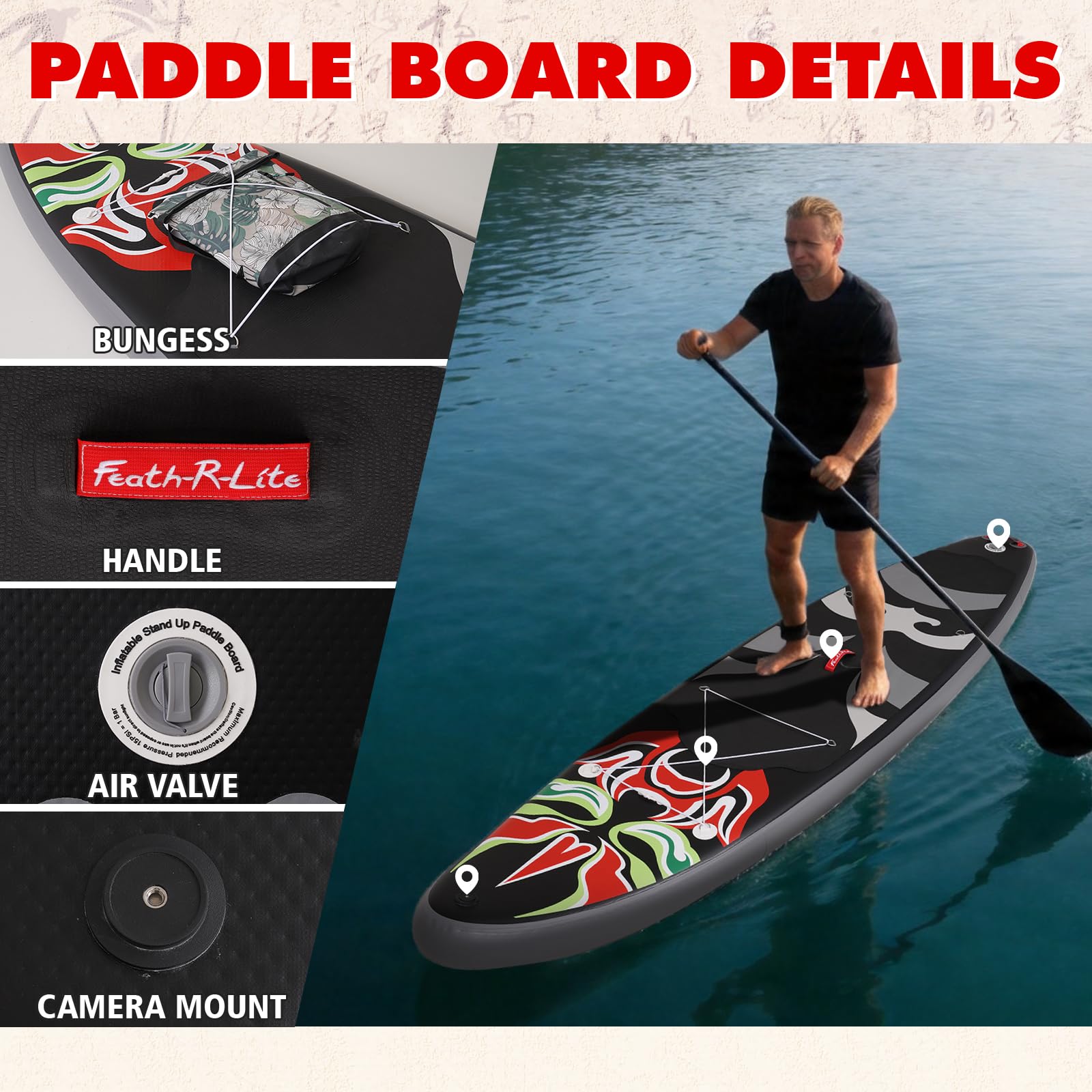 FEATH-R-LITE Aufblasbares Stand Up Paddle Board SUP mit Paddleboard Zubehör, Multifunktionale Paddle Boards Rutschfestes Deck Design für Erwachsene und Jugendliche