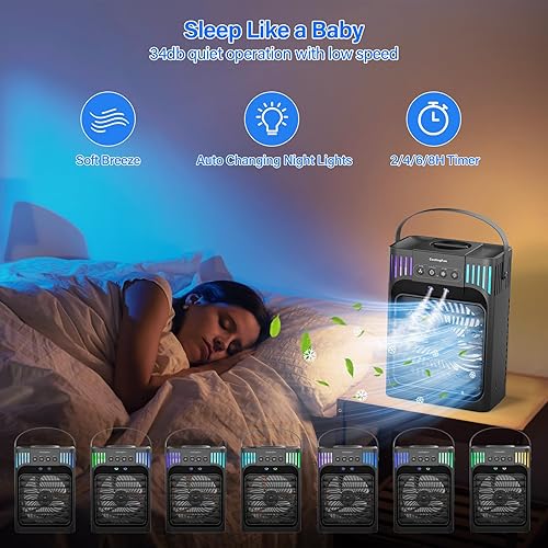 Miniatura 7 de Aire acondicionado portátil, ventilador de refrigeración de 40.6 fl oz con control remoto, 3 velocidades de viento y 7 luces LED, 3 niebla fría y