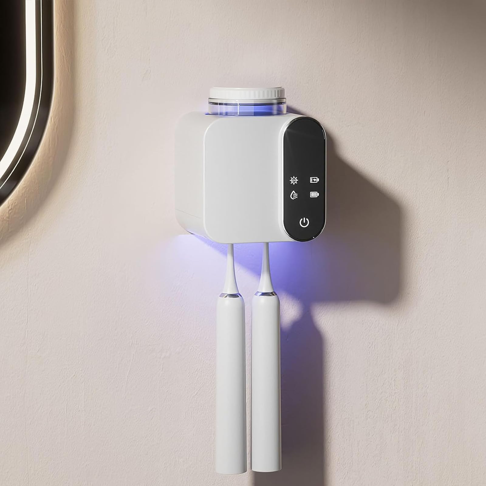 Maxspace Esterilizador de cepillo de dientes UV, cepillo de dientes eléctrico para montaje en pared con secado solar y carga USB, soporte para cepillo de dientes con 2 ranuras (blanco)