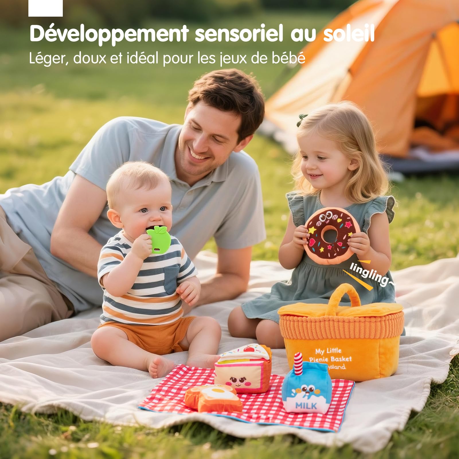 hahaland Jouets BéBé 6 à 12 Mois Peluche Sensorielle Pique-Nique – Jouet Eveil Bebe Voyage Doux Lavable avec Anneau Dentition sans BPA, Hochets, Miroir Montessori Cadeau Enfant 1+ an