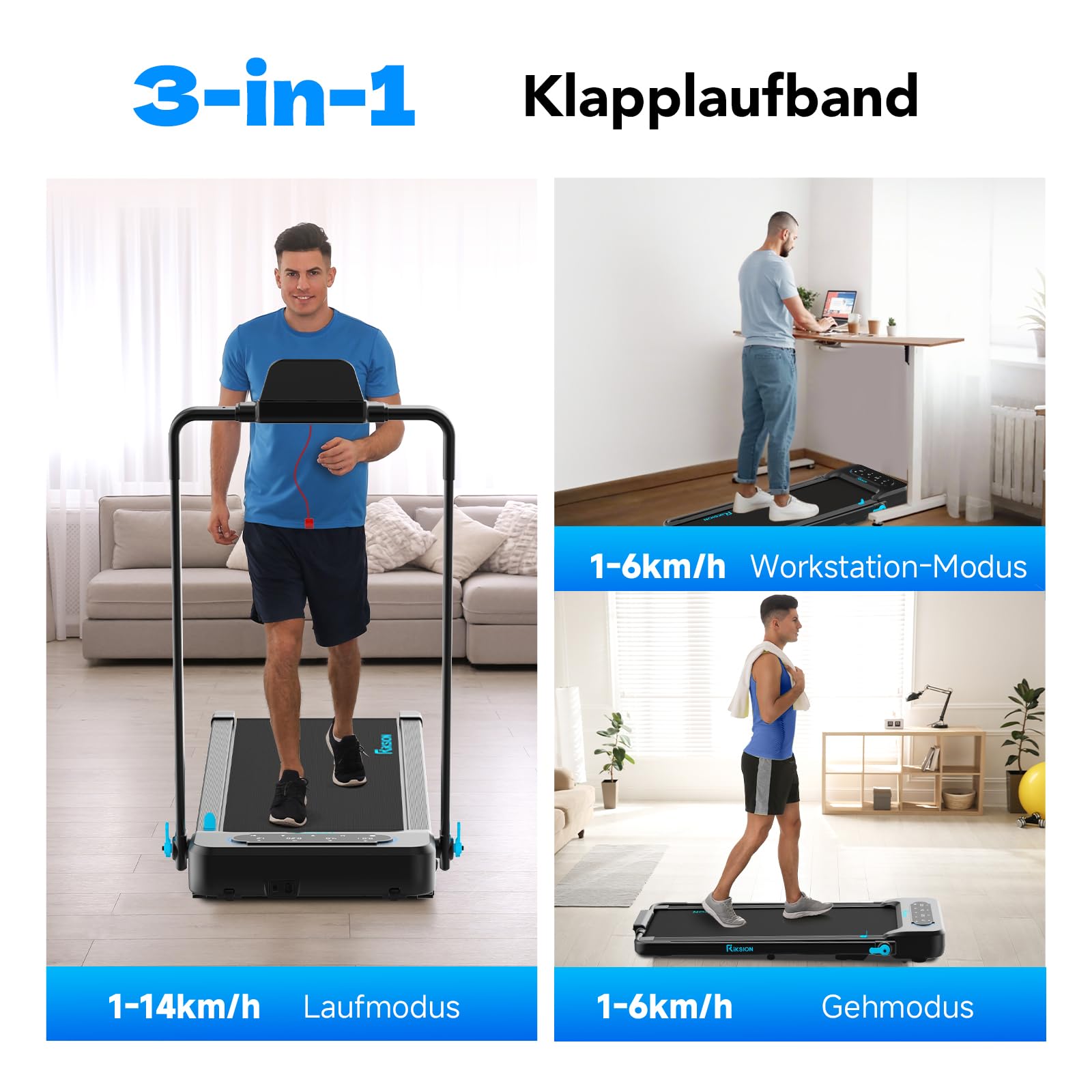 Laufbänder mit 10% Neigung LED-Monitor APP, 1-14 km/h Untertisch-Gehunterlage mit faltbarem Handlauf für Zuhause/Büro, Workout, Joggen