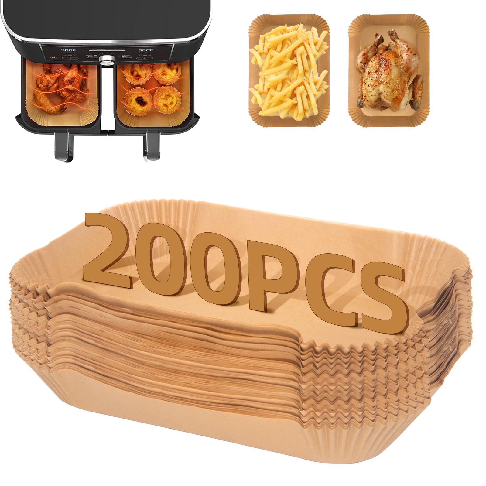 200PC Air Fryer Liners Disposable, Air Fryer Paper Liners for Ninja Air Fryer Dual, Airfryer Food Grade Accessories Compatible with AF300UK AF400UK, Salter, Keplin, Other Dual Airfryer — image 1