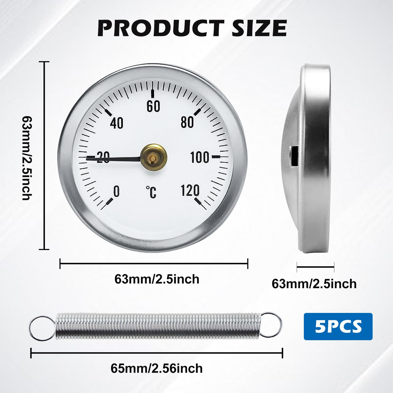 5 Stück Anlegethermometer Heizungsrohr, Rohrthermometer, Temperaturanzeige Mit Clip-On Feder, Mit Aufsteckfeder 63mm Heißes Wasser Rohr Thermometer Zeigerthermometer Für Rohre 0-120℃