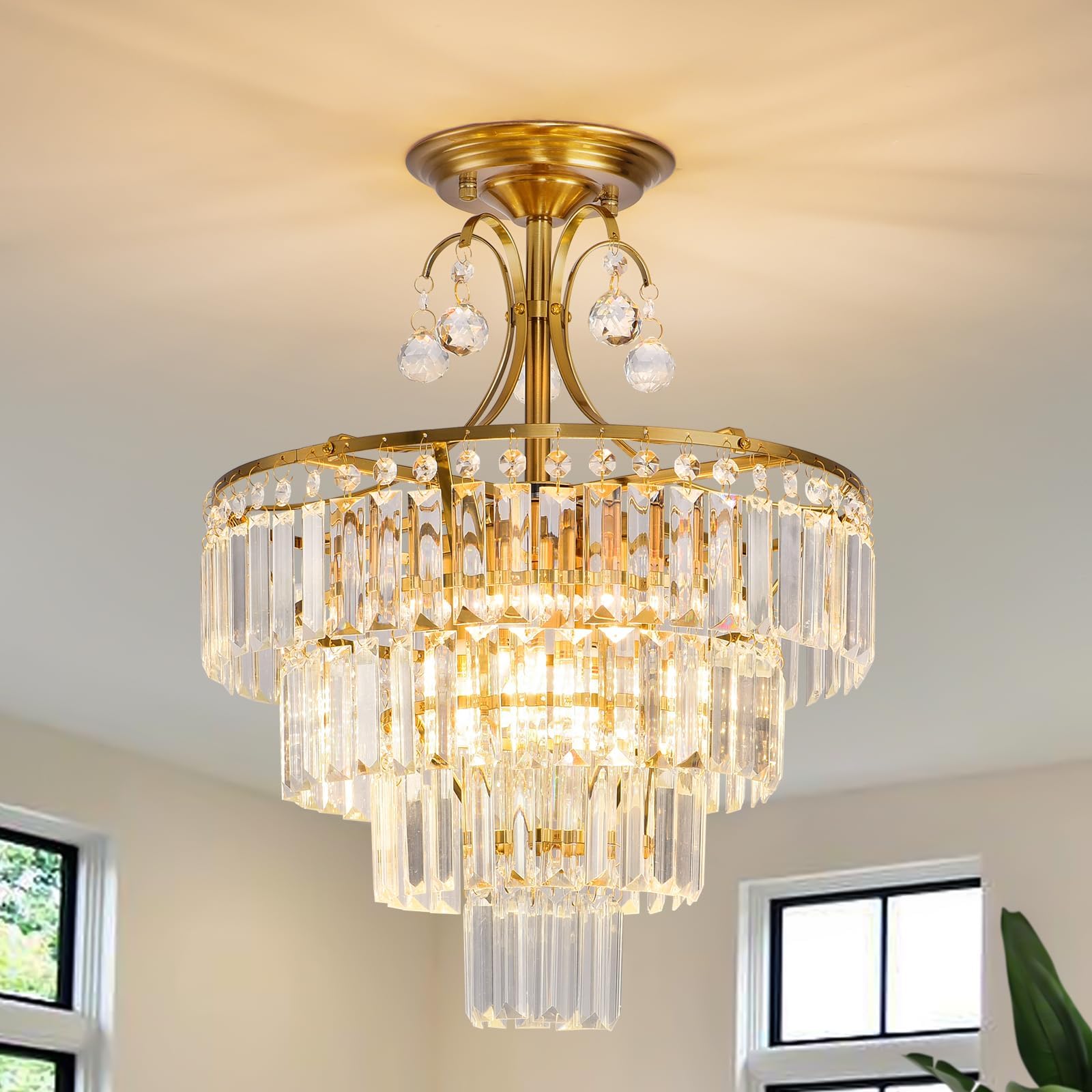 MSSIAN Gold Crystal Chandelier Fixture Modern Semi Flush Mount Ceiling Light Ceiling Lighting for Bedroom Living Room Kitchen Hallway Dining Room,E14 x 4 -Lights D39cm x H50cm