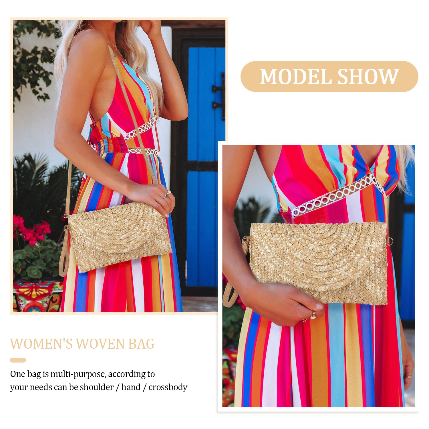 LHHMZ Cartera de mano de paja para mujer Bolsos de verano Bolsos de hombro de paja tejida Cartera de playa