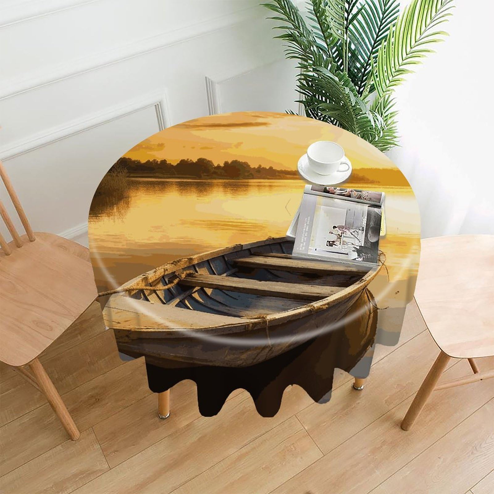 FekiLoot River Sunset Wooden Boat Round Tablecloth Cover 60 Inch Wrinkle Free Washable Polyester Fabric Table Cover Decorative Round Table Cloth for Home Dining Kitchen Party Farmhouse