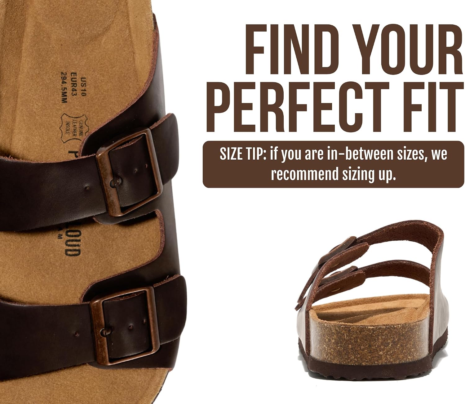 Project Cloud Mens Sandals 100% Genuine Leather - Memory Foam Insole & Cork Footbed Slides for Men Footwear - Non-Slip Summer Sandals for Men & Lightweight Mens Slides (Heritage, BRWNLEA,8)