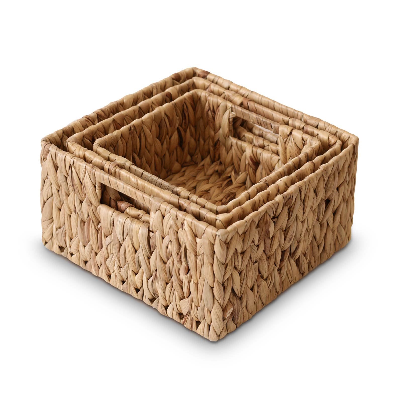 GrusoSP Wicker Storage Baskets Set of 3 Square 11'' Hand-Woven Natural Water Hyacinth Storage Baskets Cubes with Built-In Handles Pantry Organizer and