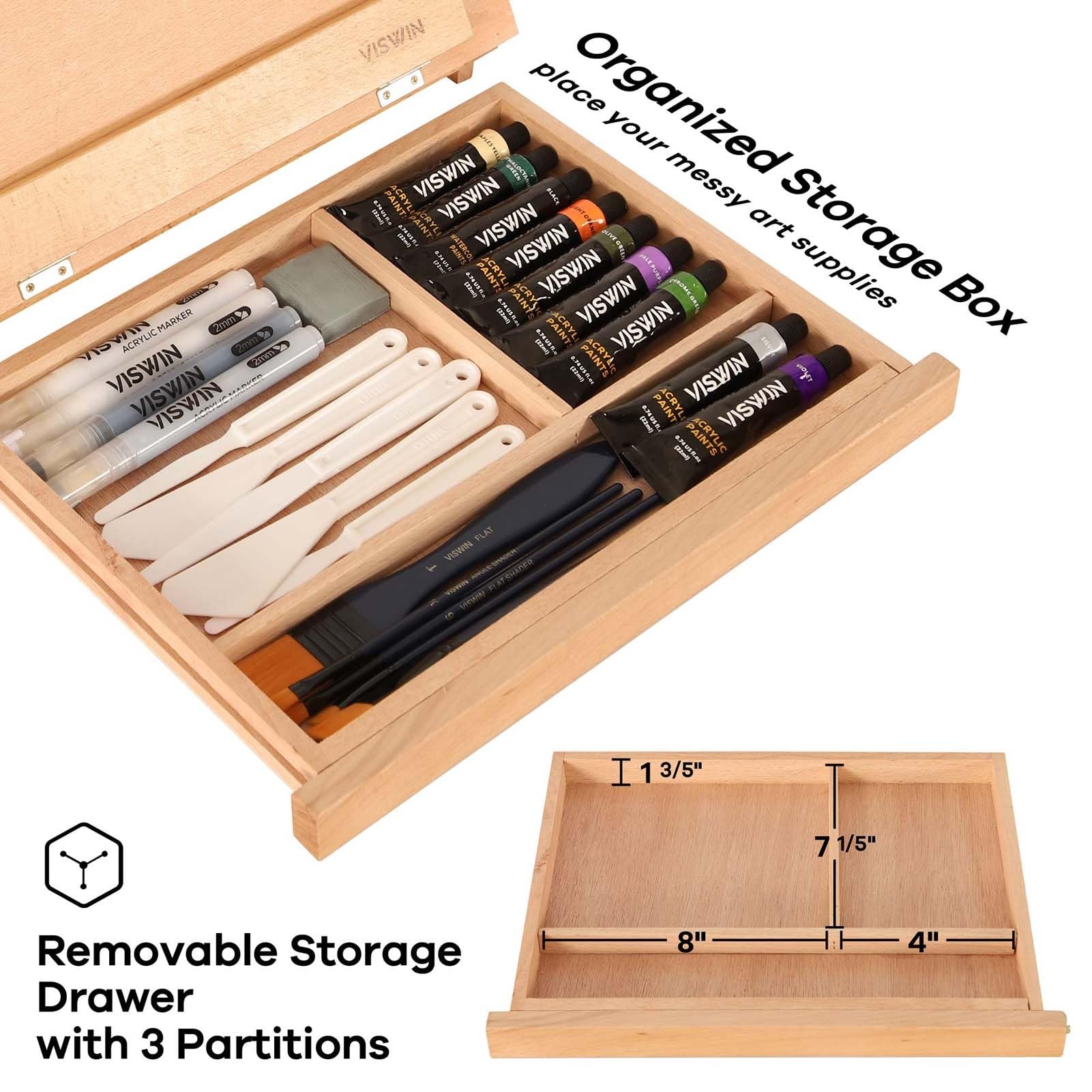 THEGA Große Tischstaffelei Mit 3 Schubladen, Verstellbare Tischstaffelei Aus Buchenholz Zum Malen, Tragbare Skizzenbox Für Künstlerbedarf, Reisestaffelei Für Erwachsene(with 1 Drawer+Wood Palette)