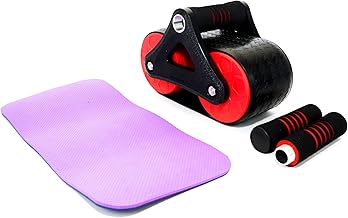 عجلة تمارين البطن الدوارة لتمارين البطن - ارتداد تلقائي، مجموعة عجلات دوارة للتمرين الأساسي وتدريب القوة - لون أحمر