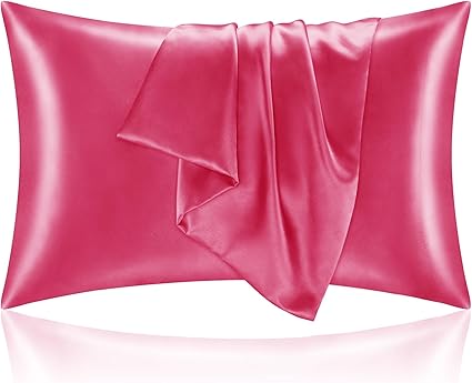 BEDELITE Satin Pillowcase with Zipper 2 Pack, Hot Pink Pillow Cases Standard Size, Super Soft and Cooling Similar to Silk Pillow Cases, Gift for Women Men(20x26 Inches)