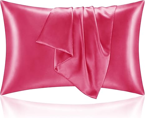 BEDELITE Satin Pillowcase with Zipper 2 Pack, Hot Pink Pillow Cases Standard Size, Super Soft and Cooling Similar to Silk Pillow Cases, Gift for Women Men(20x26 Inches)