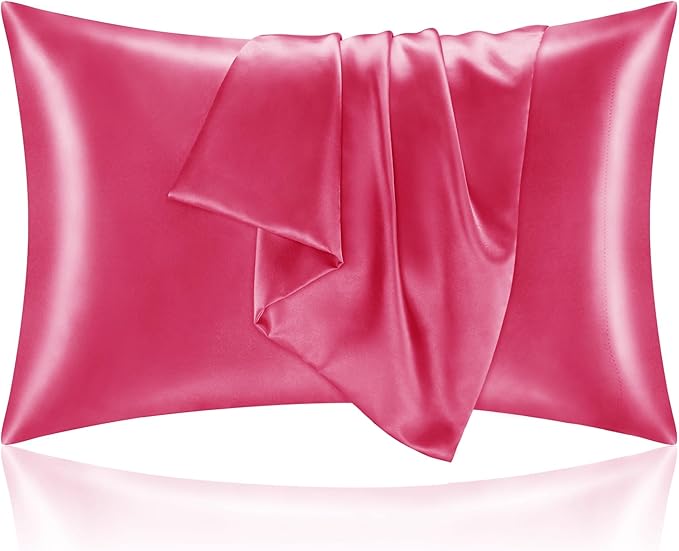 BEDELITE Satin Pillowcase with Zipper 2 Pack, Hot Pink Pillow Cases Standard Size, Super Soft and Cooling Similar to Silk Pillow Cases, Gift for Women Men(20x26 Inches)