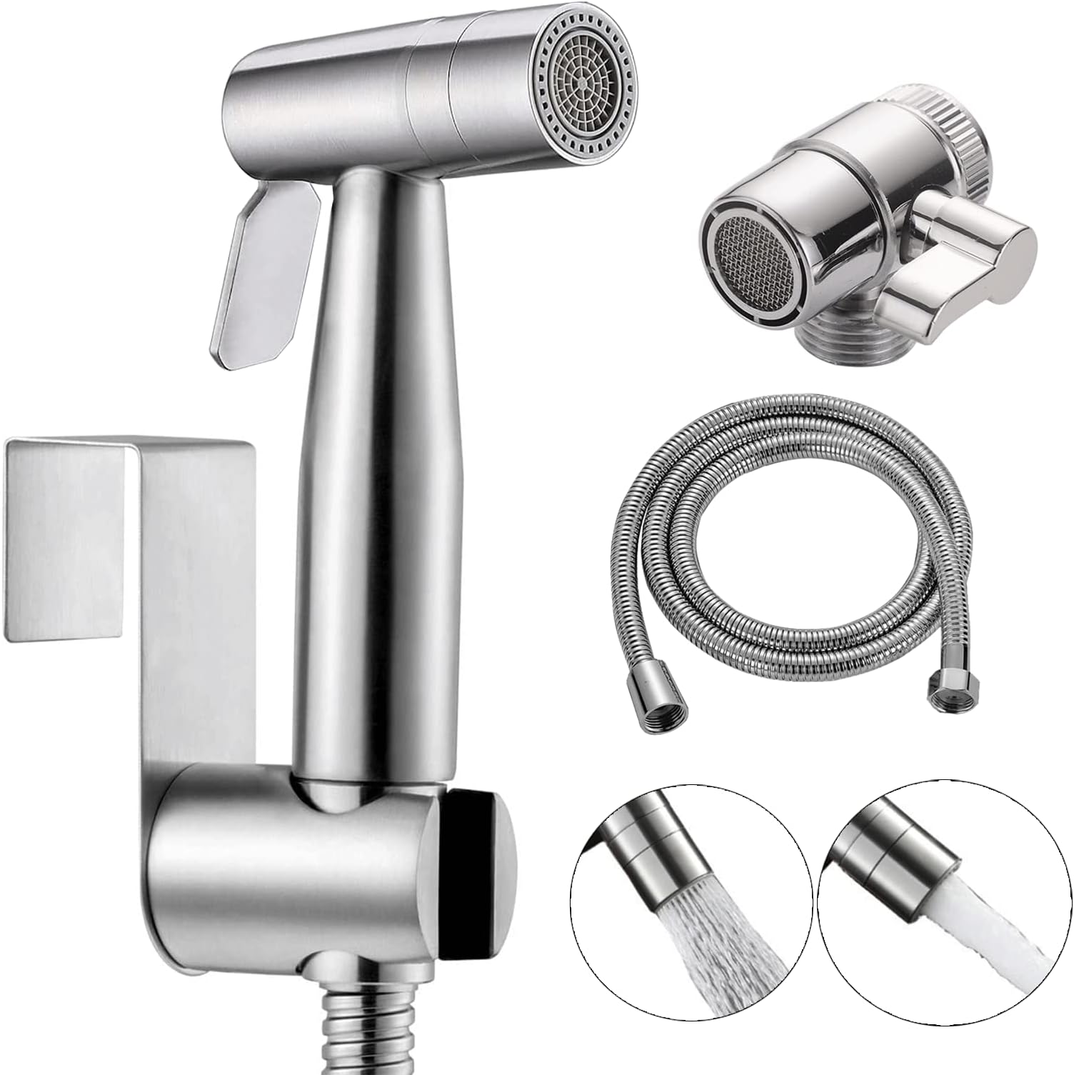 – 2 Modes Bidet Shower Kit, Stainless Steel Bidet Hand Shower for Bidet Toilet Shower with 2 Way Shower Diverter, 1.5m Shower Hose and Hand Shower Holder, Silver