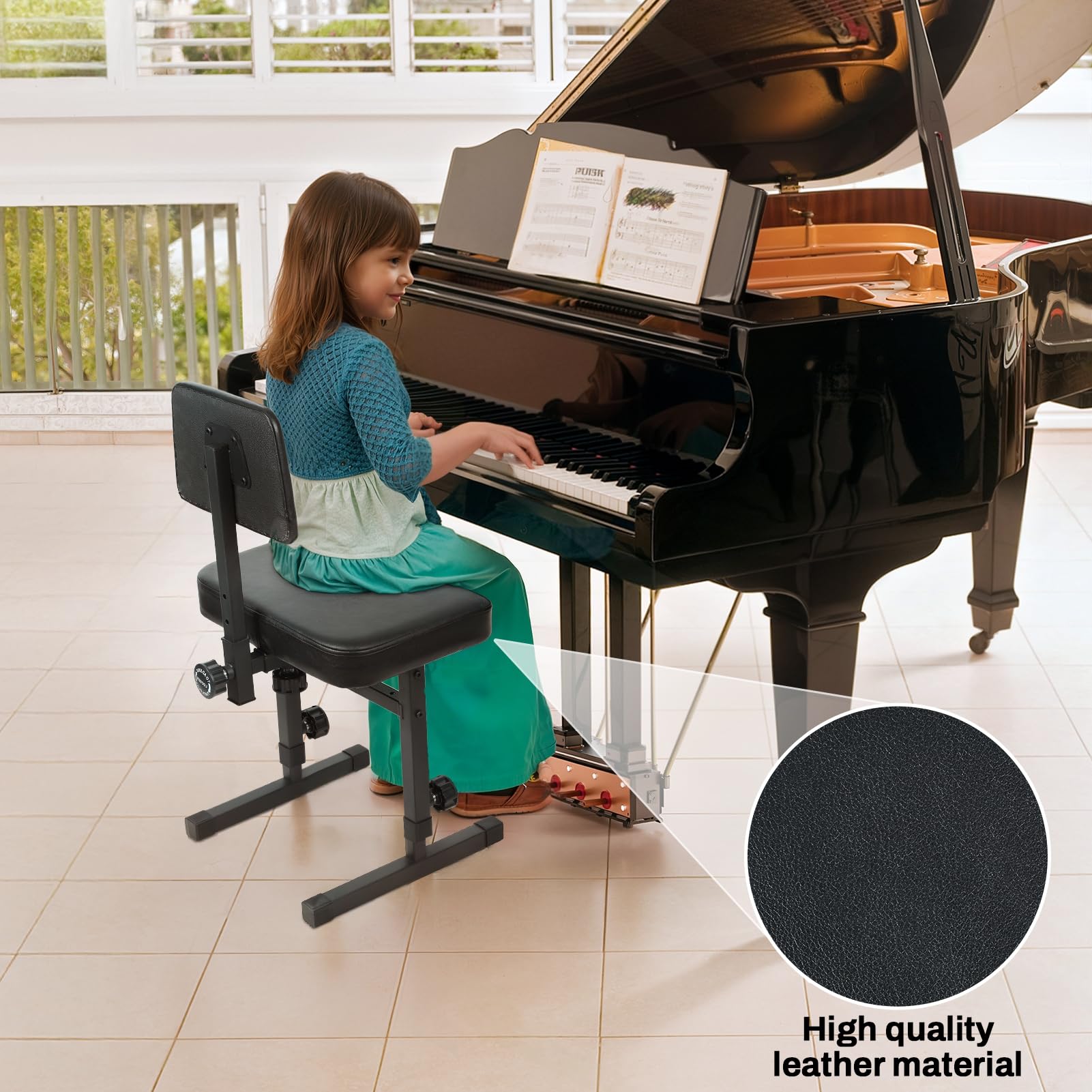 H-style Sgabello regolabile per pianoforte, 5 altezze regolabili, con schienale imbottito, sedia da tastiera da 44,5 cm a 55,9 cm, con seduta in ecopelle, per musicisti, bambini e adulti, gambe in