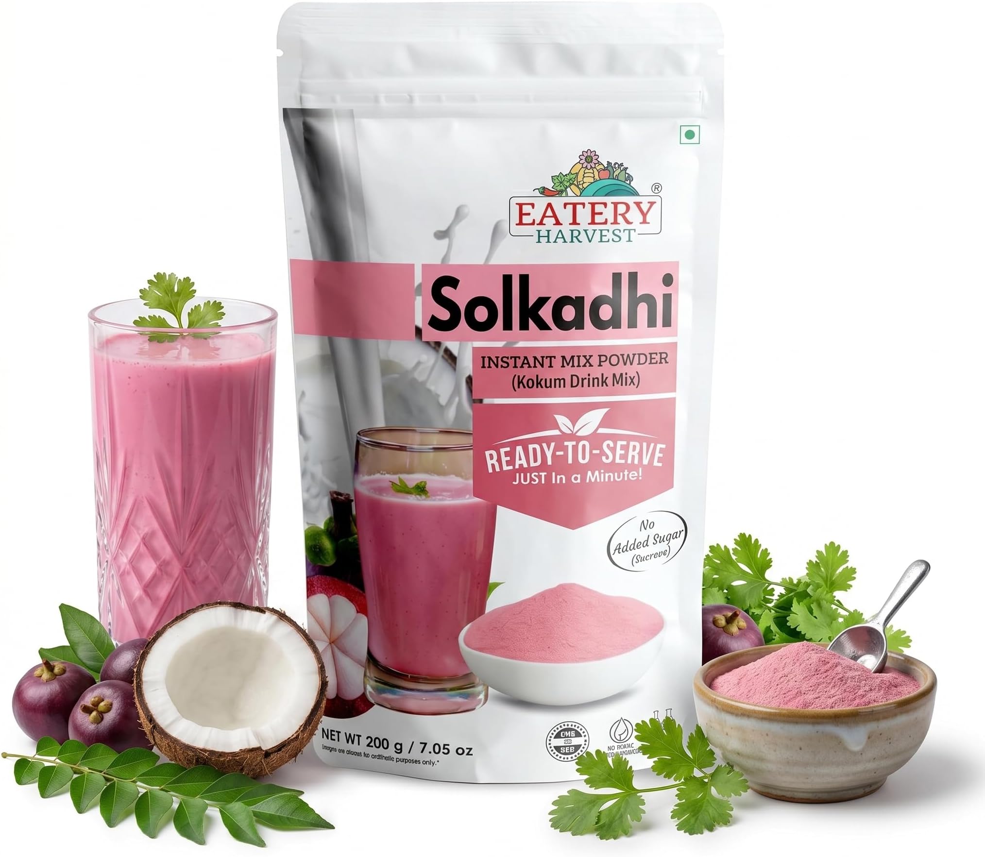 EATERY HARVEST Solkadhi Instant Drink Mix: Sugar-Free, Diabetic-Friendly, 200g Pouch - Coconut Milk, Kokum Juice, Natural Coolant, Aids Digestion, All Natural