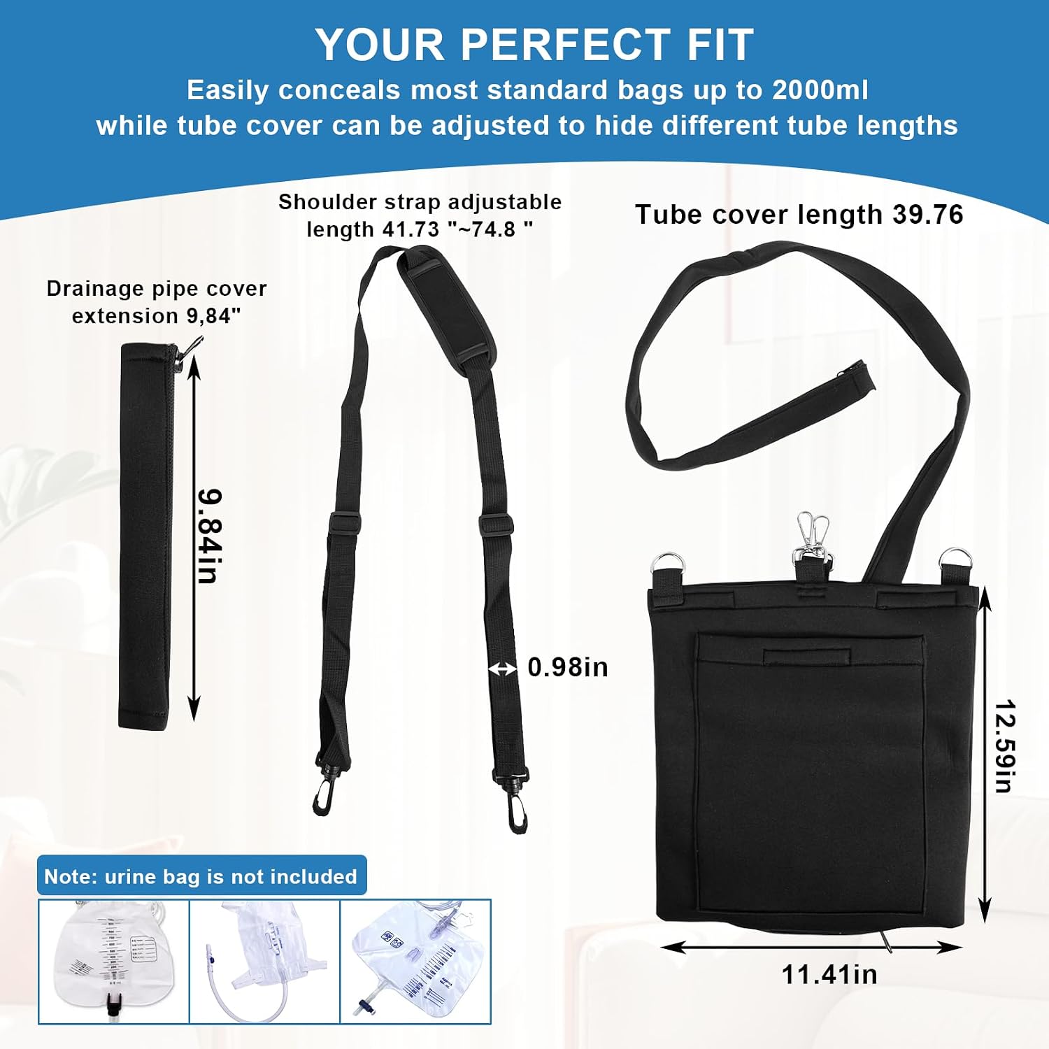 Urine Drainage Bag Holder with Catheter Pipe Cover & Djustable Strap, Catheter Bag Holder for Wheelchair, Walker & Bed, Soft Diving Fabric, Easy Access