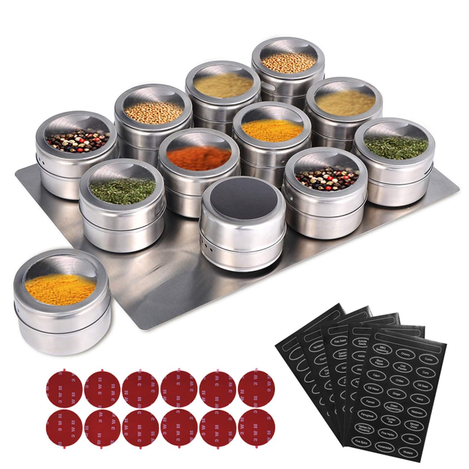 Boîte à épices en acier inoxydable Pots à épices magnétiques avec support mural, boîtes d'assaisonnement en acier inoxydable étiquette(12 pcs)