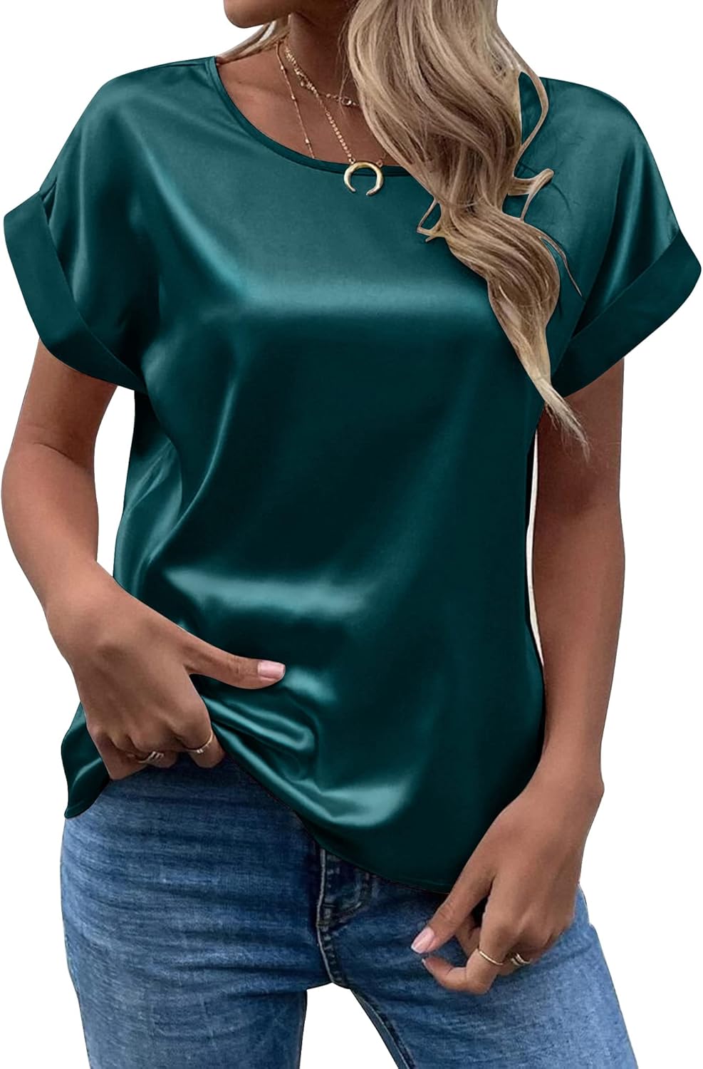 Chigant Women's Short Sleeve Satin Blouses Casual Loose Crewneck Silk Shirts Roll Up Sleeve Tunic Tops S-XXL