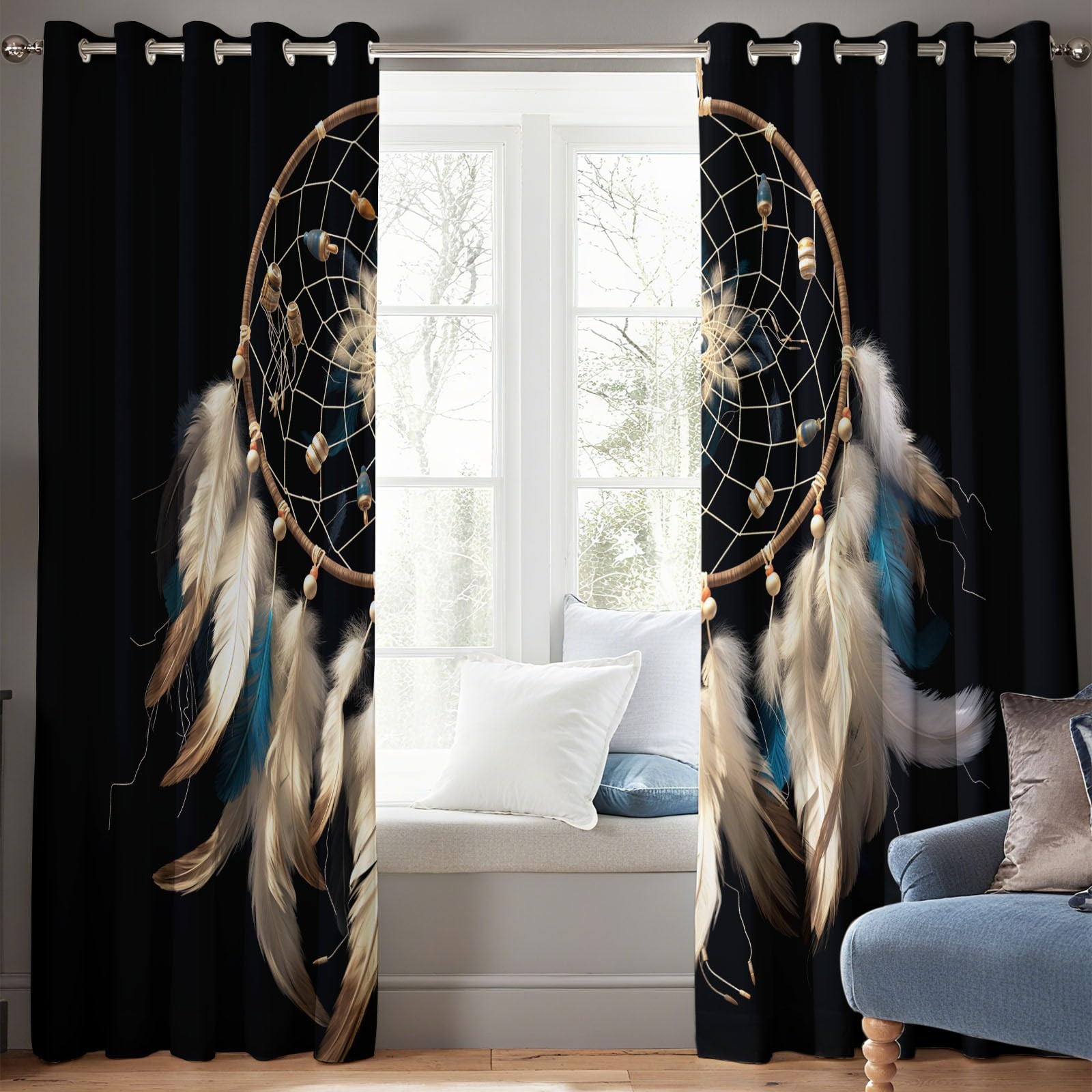 Vorhänge Traumfänger Federn, Dekorative Ösen, Blickdicht Thermo Verdunkelungsvorhang Schwarz Mädchenzimmer Schlafzimmer Wohnzimmer, 2 Paneele 214 x 91.5 cm