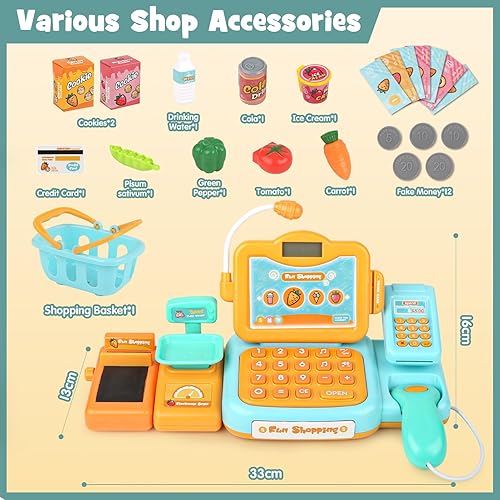 Miniatura 6 de Joyreal Caja registradora de juguete para niños con escáner, calculadora de juegos de simulación para niños pequeños, tarjeta de crédito, dinero de