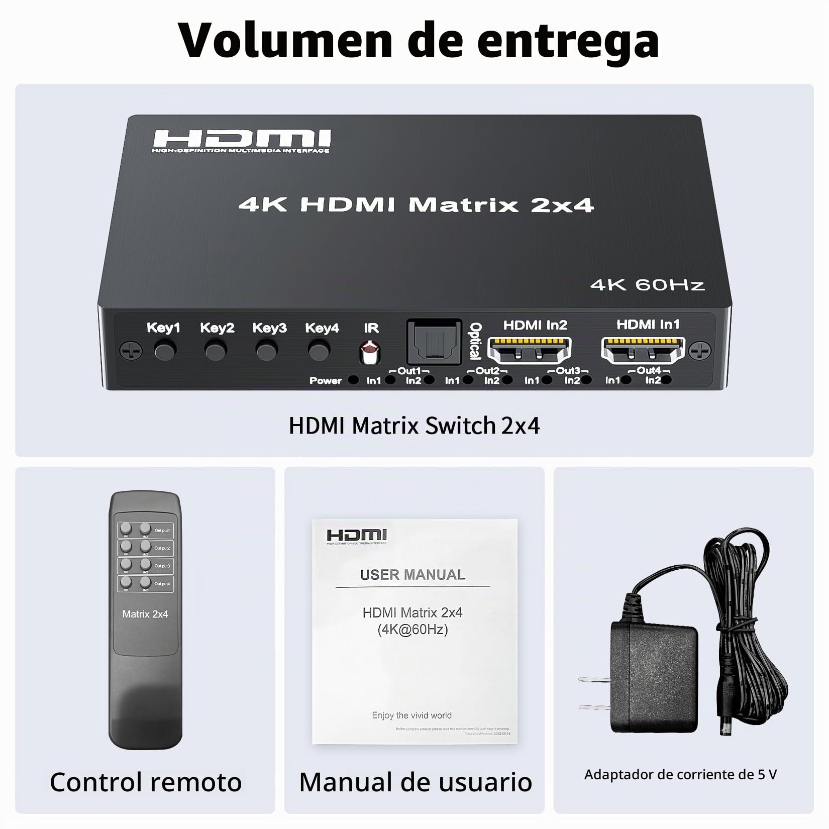 Interruptor de Matriz HDMI 4K 2x4, Matriz de 2 en 4 Salidas HDMI 2.0, Divisor de conmutación de Video, Salida de Audio óptica y 3.5 mm, Compatible con 4K 60Hz HDR HDCP2.2, 18 Gbps, con Control Remoto