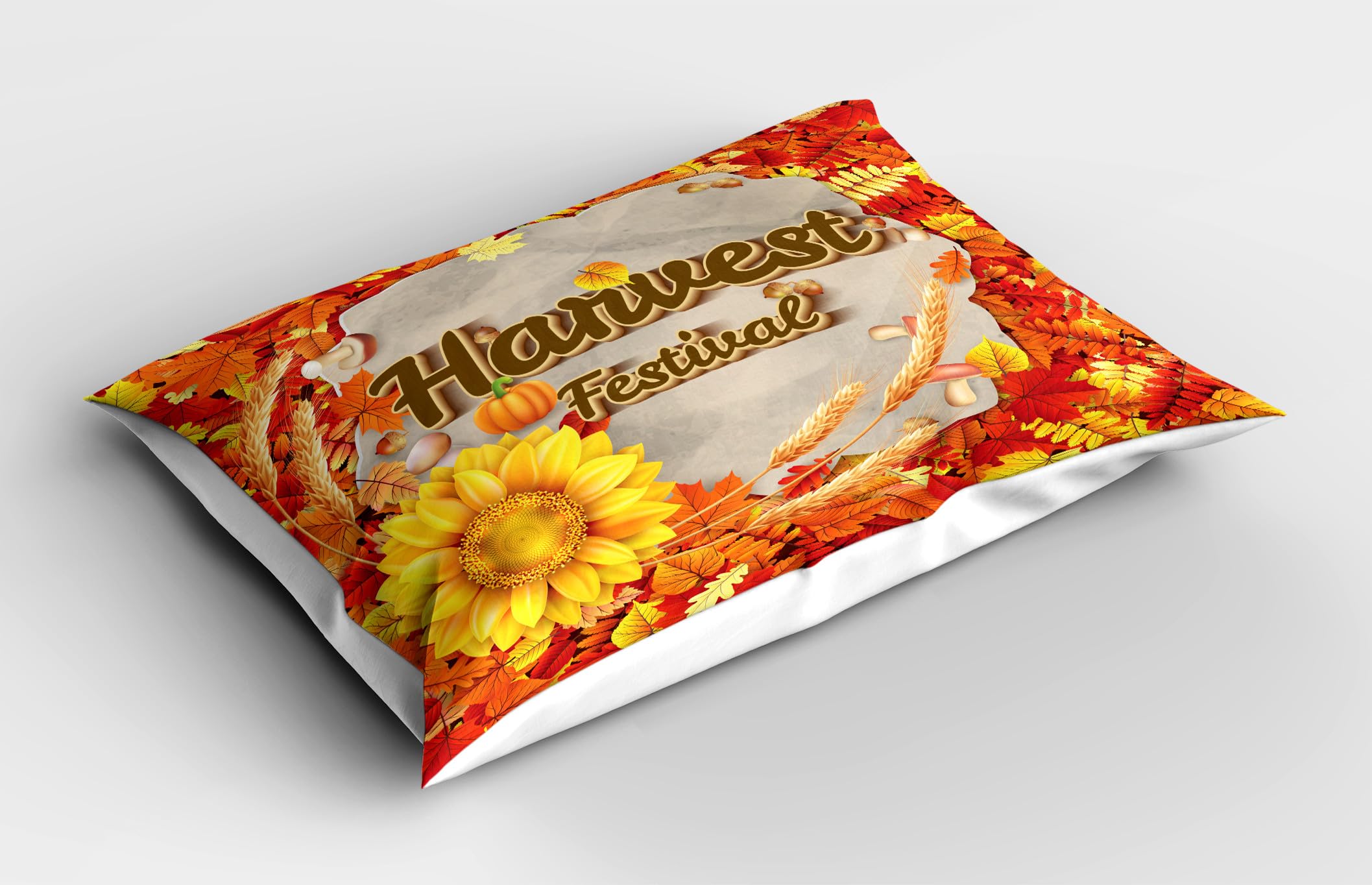 Ambesonne Harvest Pillow Sham Set of 2, Harvest Festival Poster Design with Vibrant Autumn Leaves and Sunflower, Quality Microfiber Bedding Item for All Seasons, 26