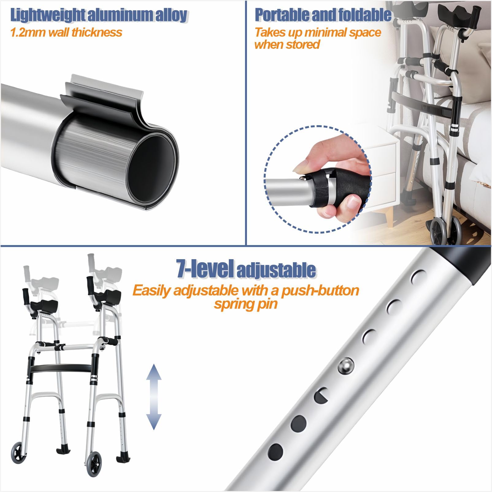 Andador plegable con almohadilla para reposabrazos, andador vertical para personas mayores, ayuda de movilidad de pie para interiores y exteriores, capacidad de peso de 300 libras, altura ajustable