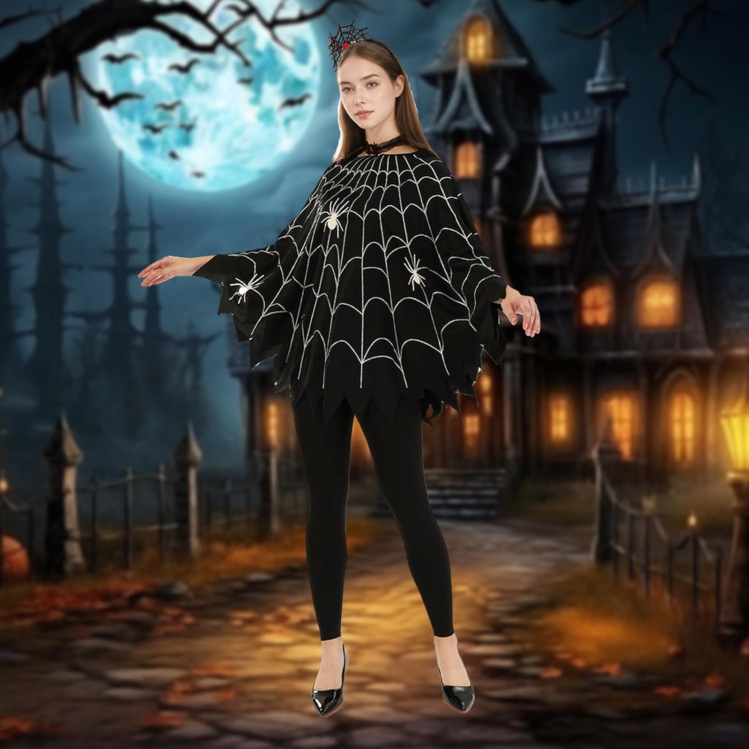 3Pcs Spider Web Poncho Costume for Women,Glow in the Dark Spider Adults Cape with Headband Choker,Halloween costume Outfit - Image 6