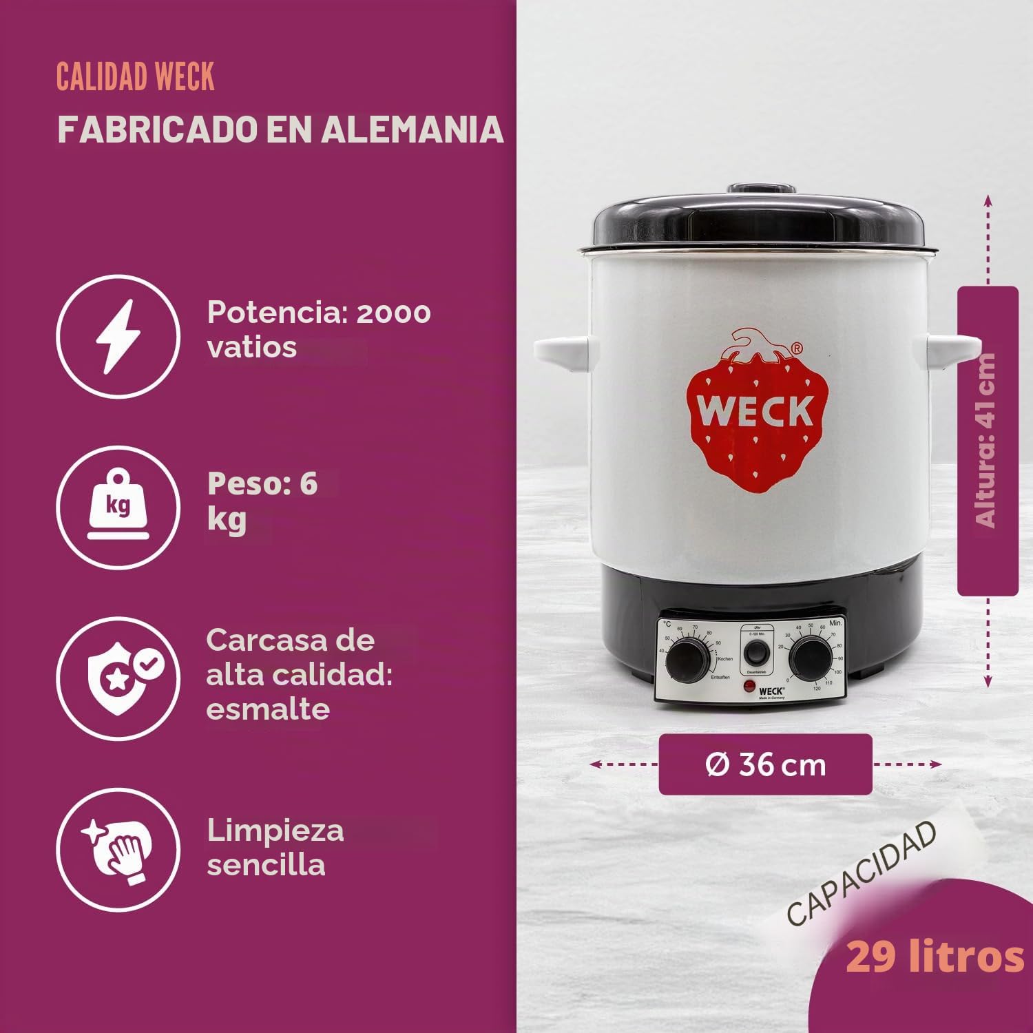 WECK Esterilizador eléctrico WAT 15 (esterilizador esmaltado, dispensador de agua caliente, cocedor de vino caliente, termostato, temporizador, 29 litros) 6830