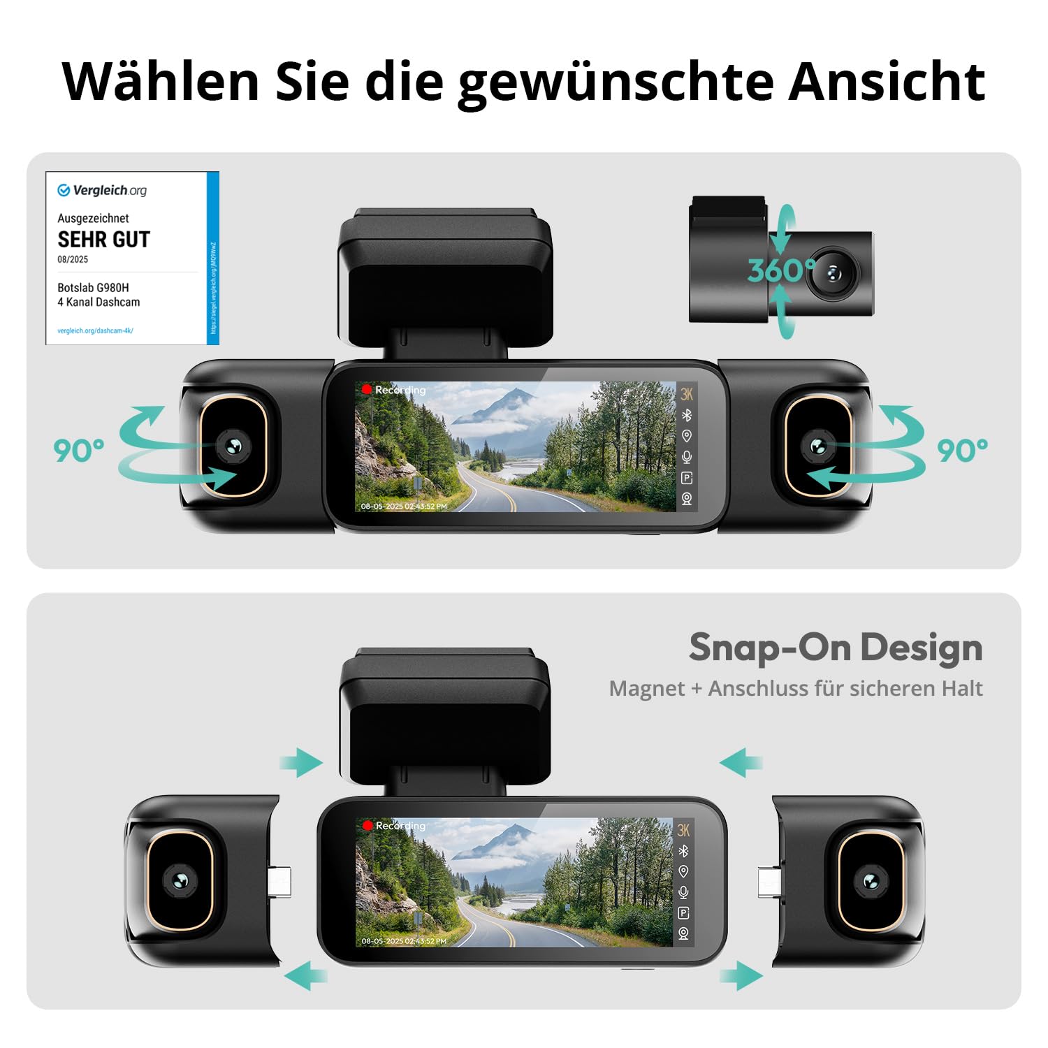 BOTSLAB Dashcam 4 Kanal mit Parküberwachung, 360° GPS, 5,8GHz WiFi, 3K+1080P×3, 3,18" IPS, Nachtsicht, WDR, G-Sensor, Loop-Aufnahme, 128GB SD-Karte