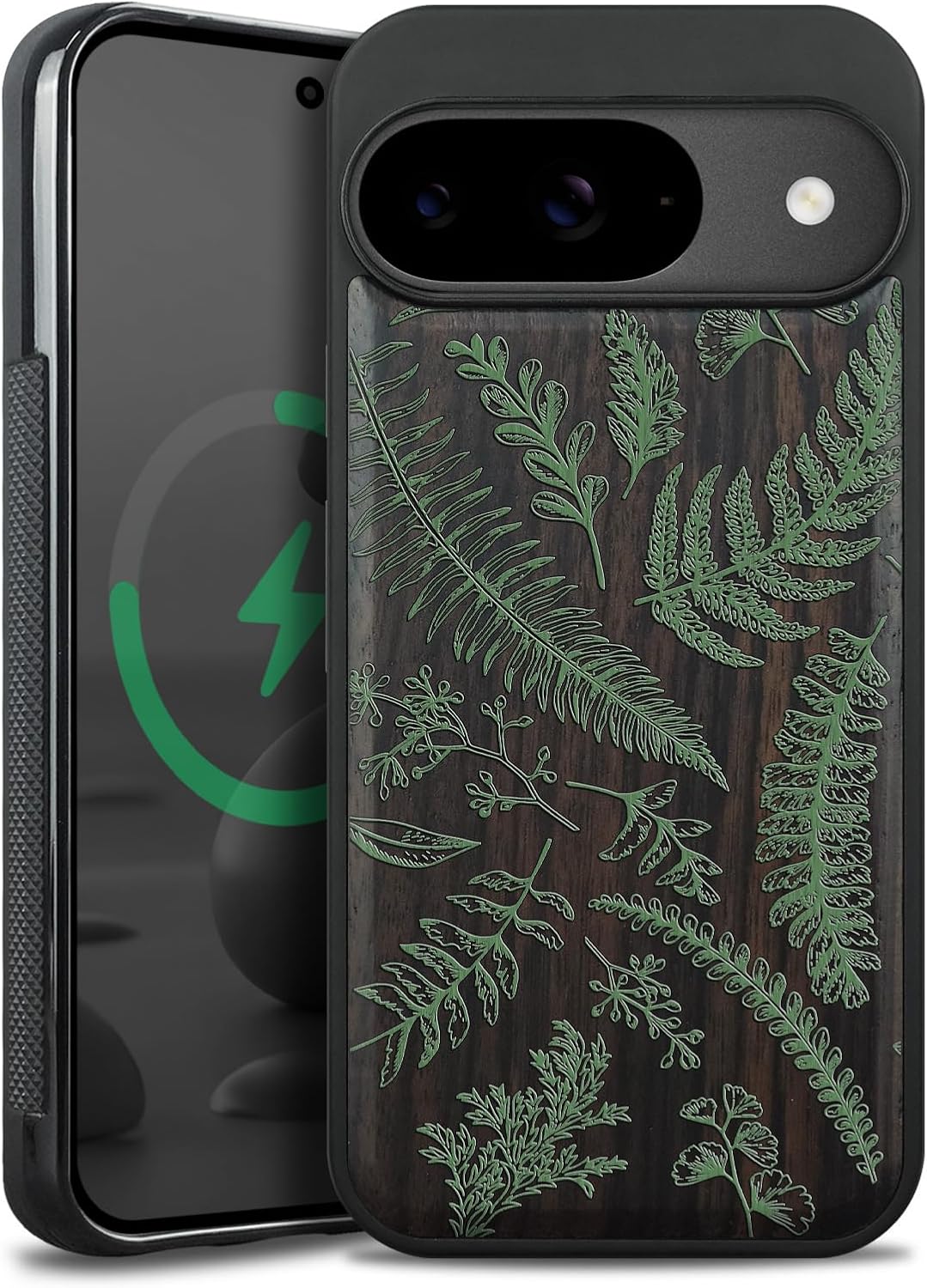 Magnetic for Google Pixel 9 / Pixel 9 Pro Case Compatible with MagSafe Wireless Charging, Natural Wood Cover & Shockproof TPU Phone Case, Hand-Drawn Pattern - Botanical Garden
