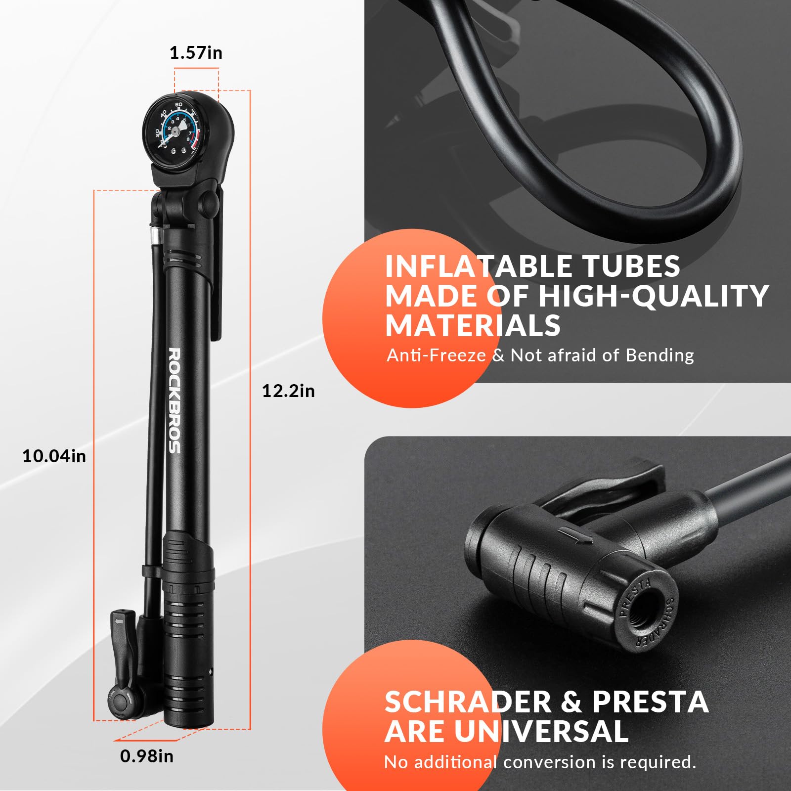ROCKBROS Pompa Bicicletta, Pompa Bici Portatile, Pompa da Pavimento, Pompa ad Alta Pressione 120 PSI, Pompa con Manometro, Pompetta Presta Schrader, Adatto per Bici MTB, Bici Corsa, Accessori Bici