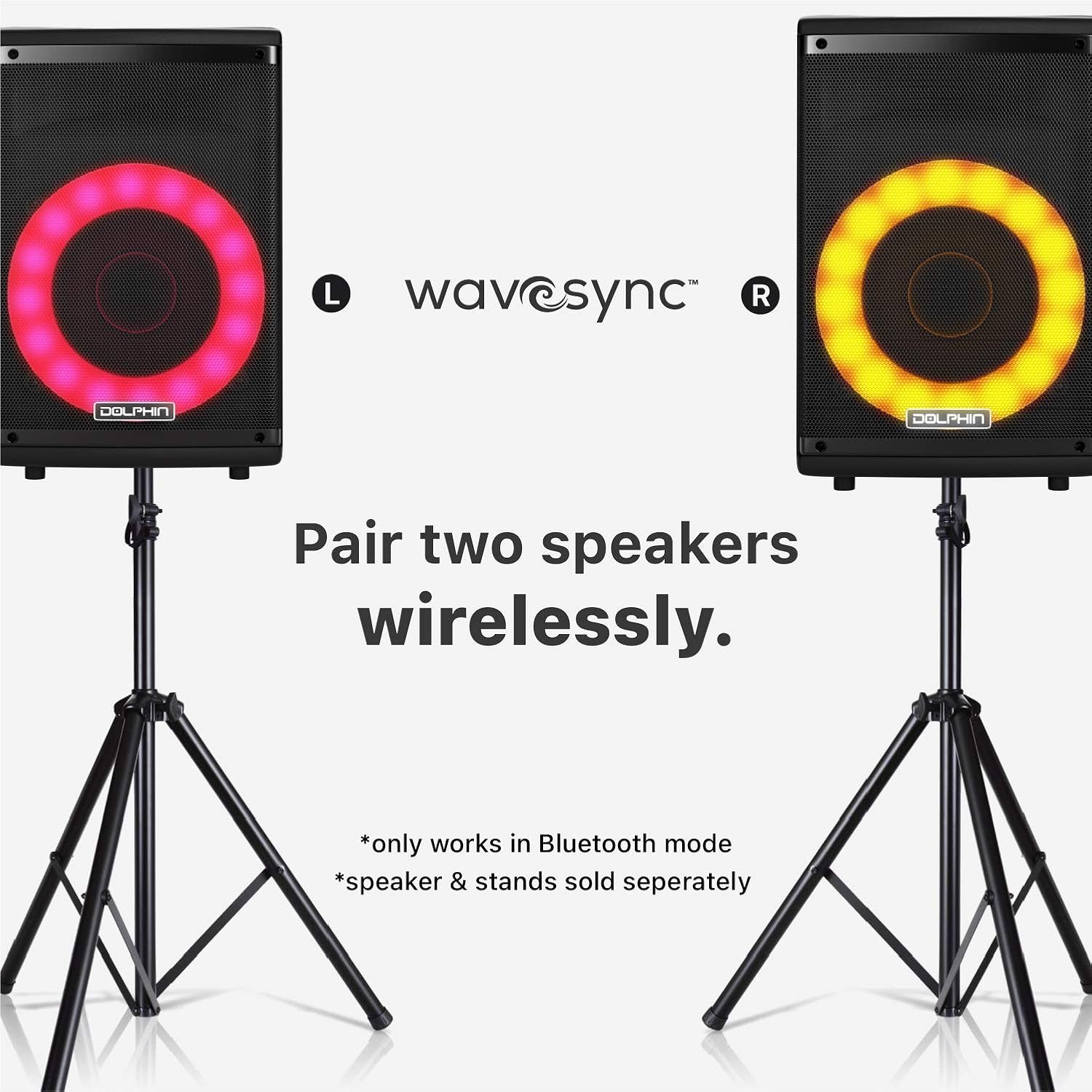 Two Dolphin SP-807RBT speakers paired wirelessly with Wavesync Technology