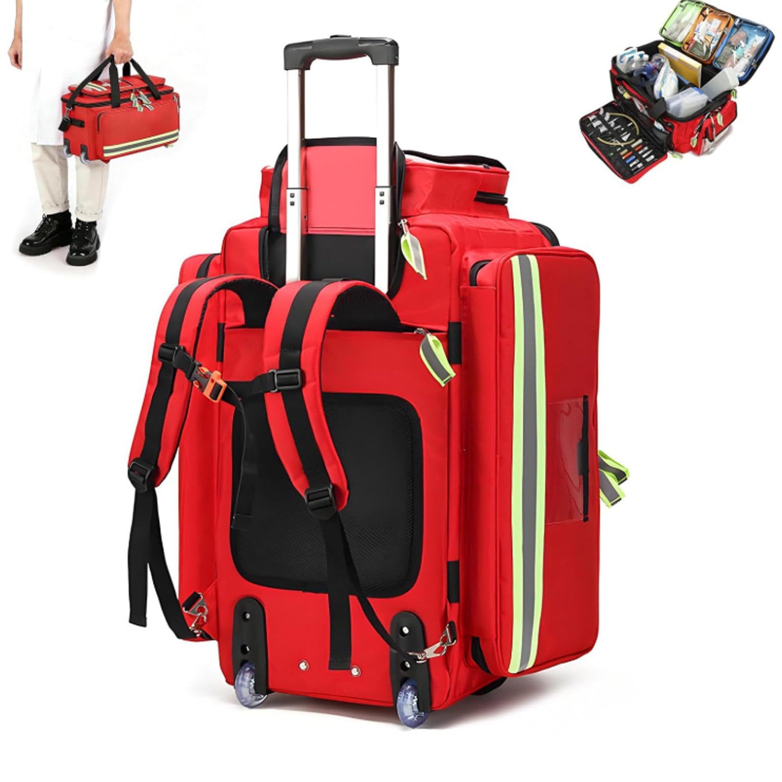 Maletín médico con ruedas, bolsa para botiquín de primeros auxilios y caja de emergencia con asa telescópica desmontable; incluye compartimentos y bandas reflectantes. Ideal para técnicos Red-105cm