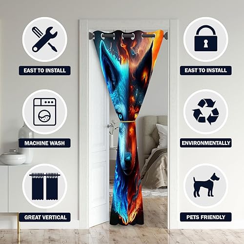 Miniatura 8 de Cortinas de puerta de lobo para puertas, bosque de animales salvajes, fantasía mágica hippie, cortina opaca para armario de dormitorio de niños, con