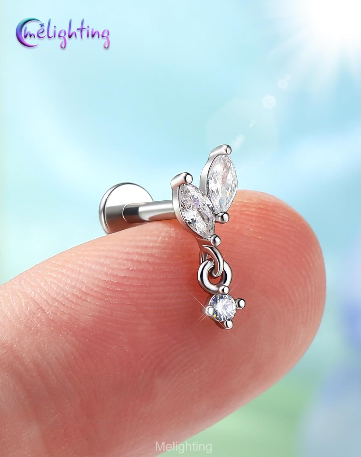 Melighting 16G Vine Tragus Piercing Jewelry, Internally Threaded Dangle Helix Stud, Stainless Steel 316L Cartilage Earring Clear Marquise CZ, 6 mm Silver Lobe Labret Flat Back Ring For Women - Image 4
