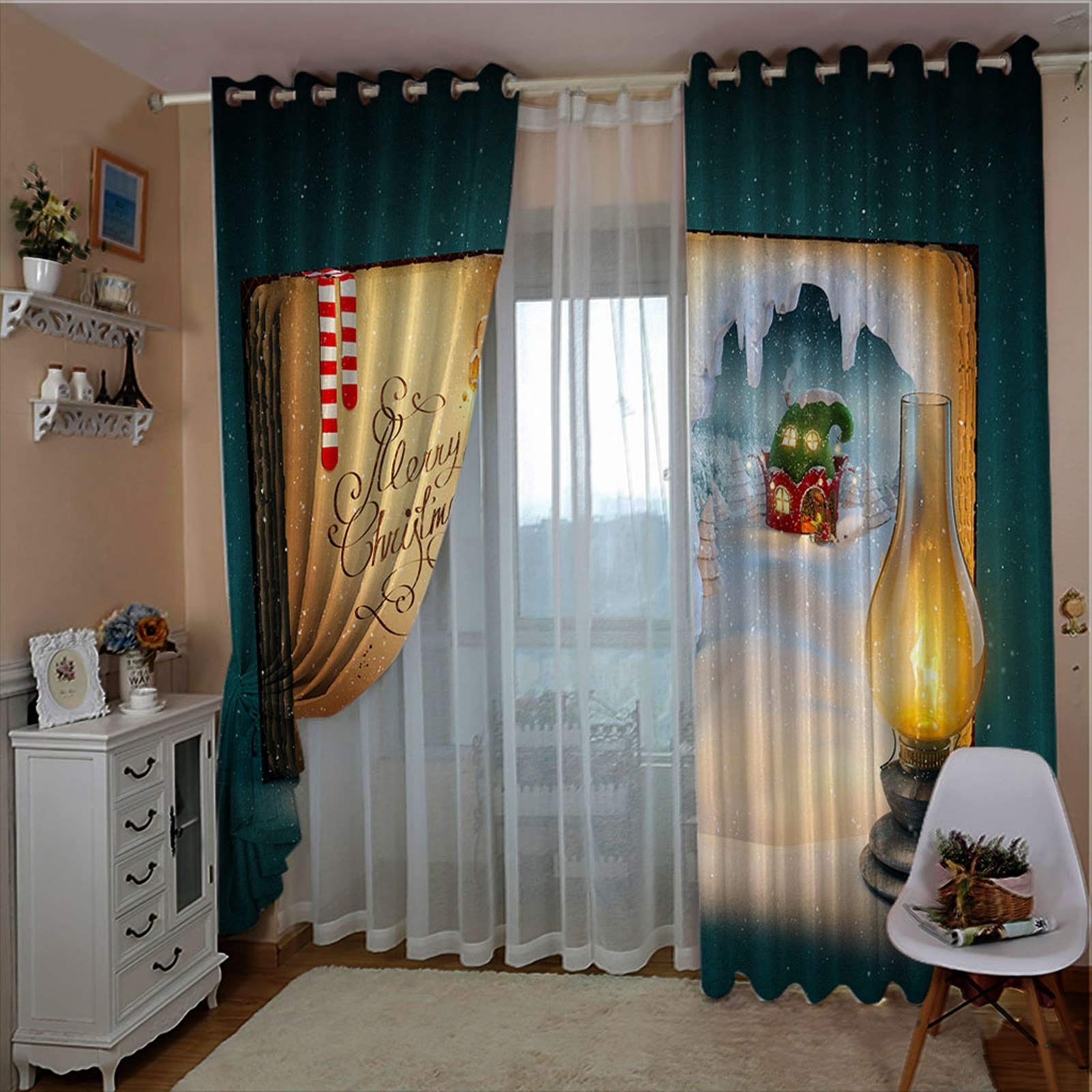 Daesar Tenda Termica Isolante Oscurante 2 Pannelli, Tenda per Salotto Moderno Prenota Tema Natalizio con Lampada A Olio Tenda Finestra Verde Marrone Tenda Oscurante Isolante 137x214CM