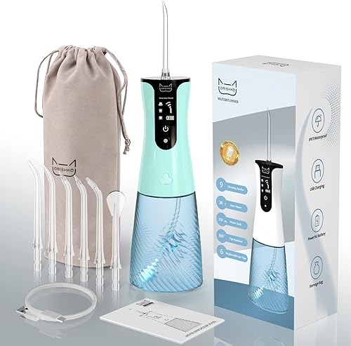 Grishko - Irrigador bucal dental profesional de 9 modos con 6 puntas de chorro, IPX7 impermeable, 11.8fl oz, recargable y portátil, para viajes a