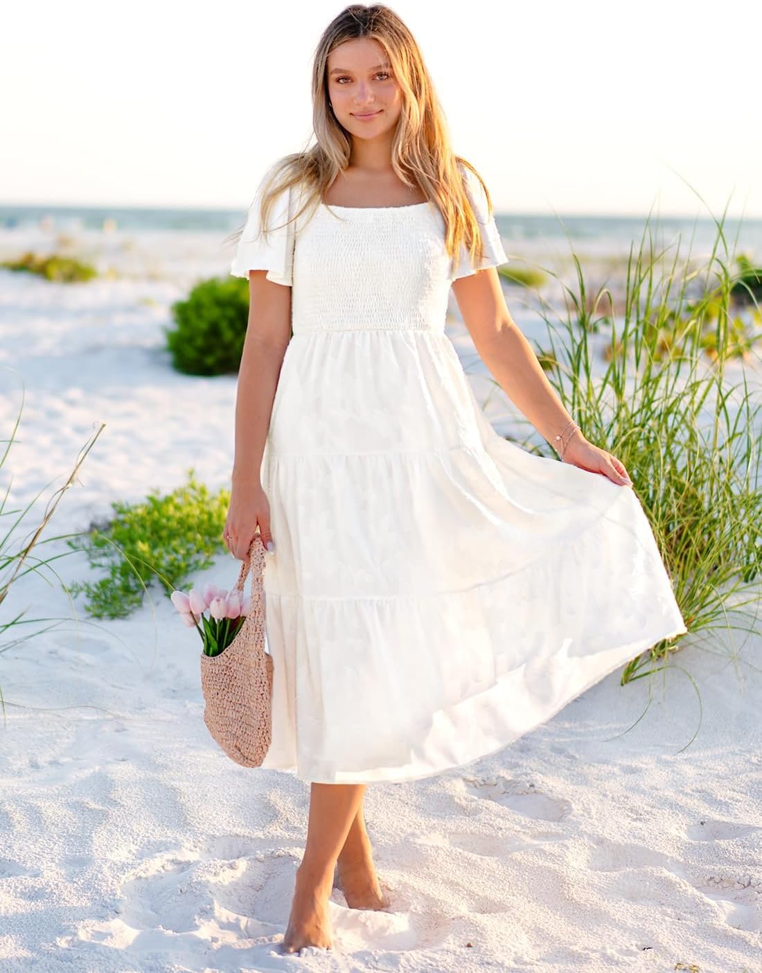 ZESICA Women‘s Summer Boho Floral Midi Dress 2026 Casual Short Sleeve Square Neck Flowy Beach Vacation Long Dress - Image 6