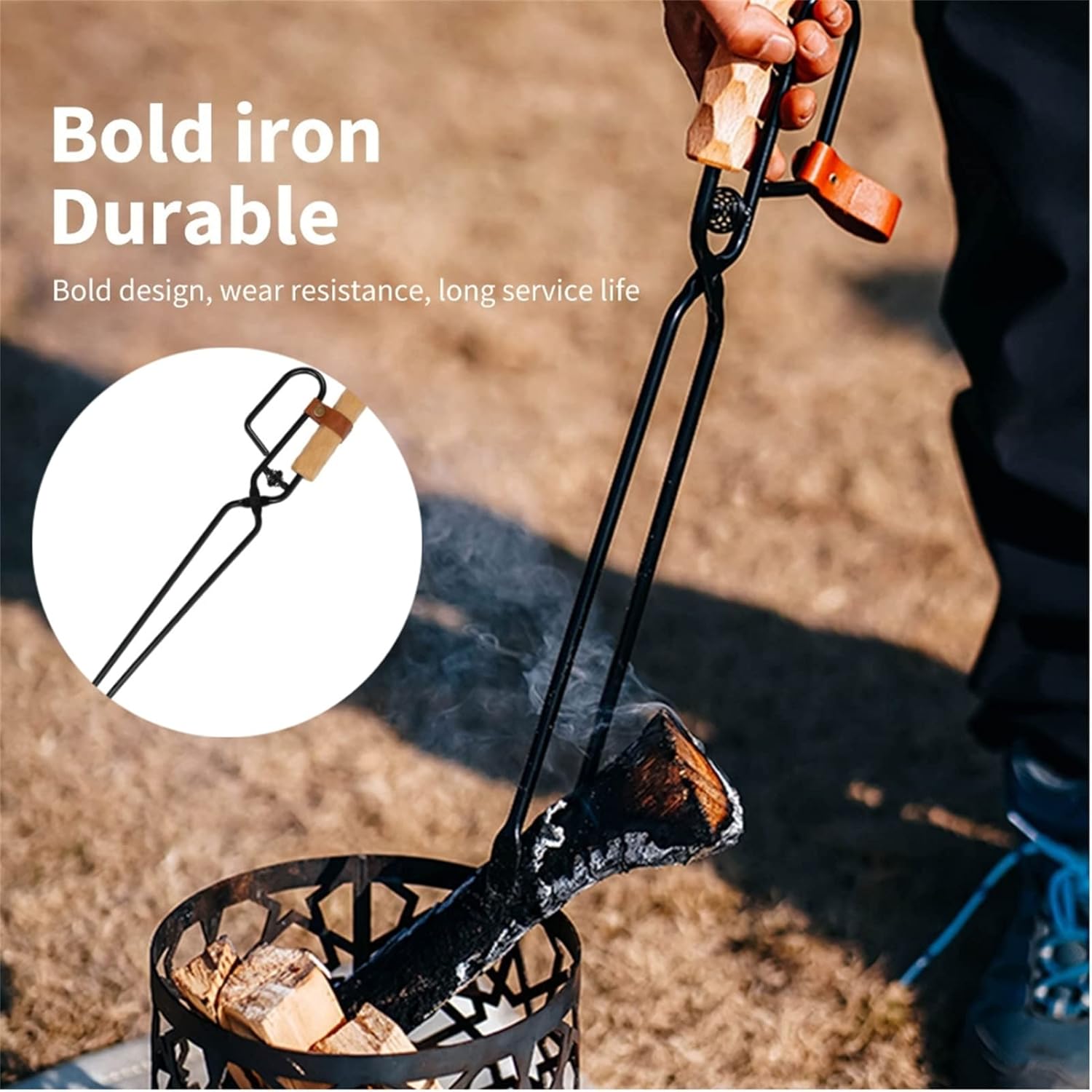 Charcoal Tong，Fireplace Tongs，Firewood Tongs with Wooden Handle for Fireplace and Outdoor Fire Pit. Charcoal Firewood Scissors, Safe Log Grabber. Ideal for Indoor Fireplace, Outdoor Fire Pit and Campf