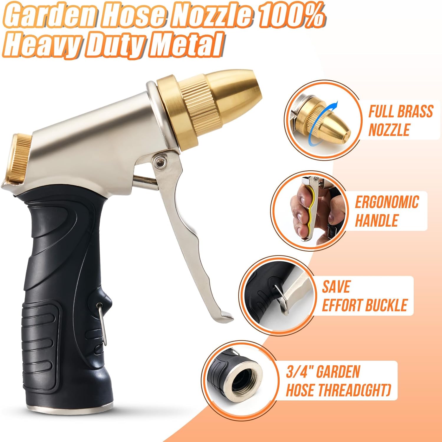 Hose Nozzle, 100% Heavy Duty Metal Garden Hose Spray Nozzle, Full Brass Nozzle High Pressure Water Hose Nozzles with Adjustable Spray Patterns for Watering Plants, Car Washing, and Pet Showering