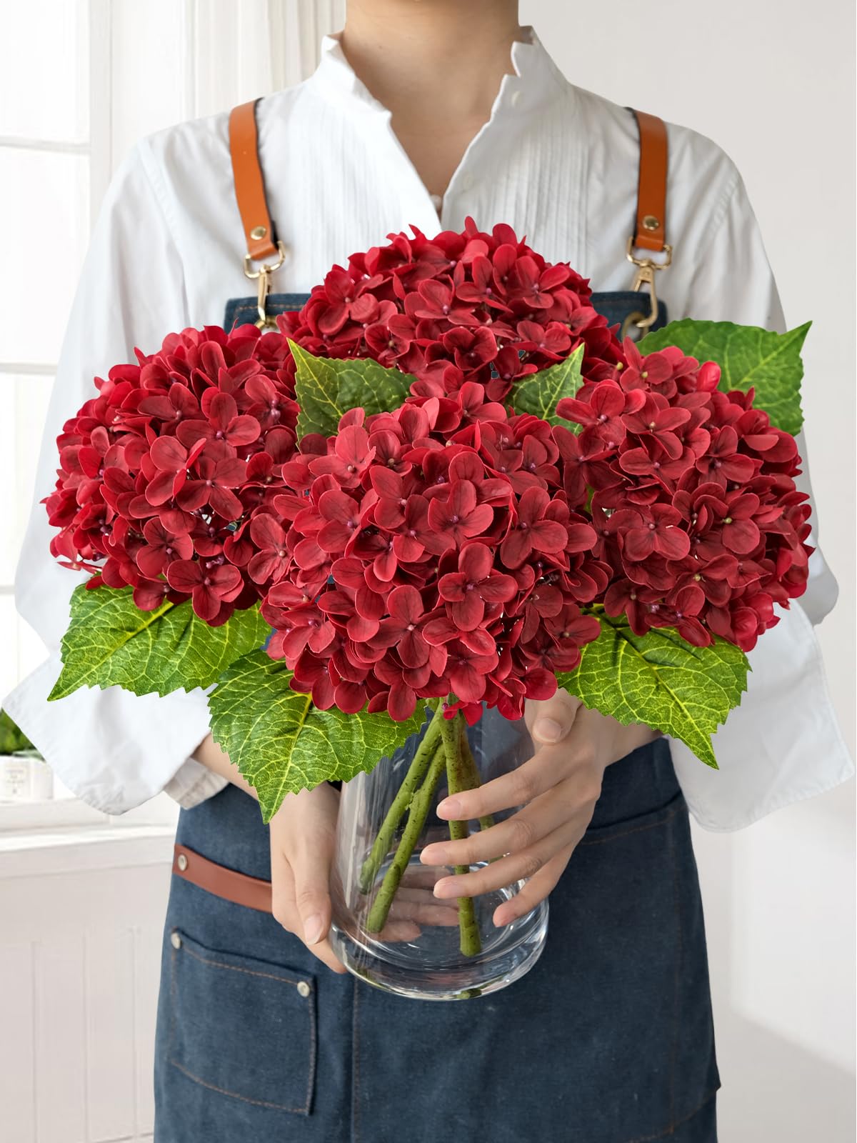 JINWOE Artificial Hydrangea Flowers Red