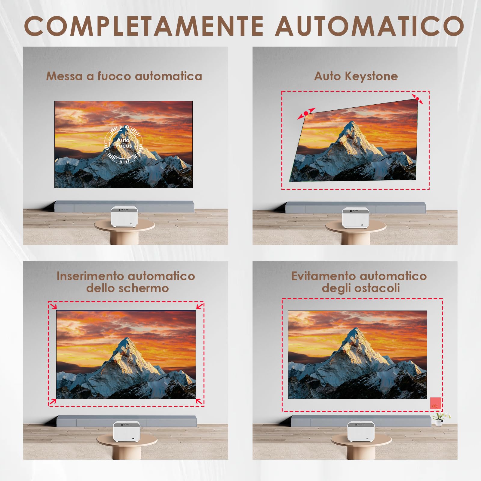 Proiettore【Auto Focus/Keystone & Android TV】1080P Full HD 700 ANSI, Proiettore 4K con Bluetooth e WIFI, FunFlix A1 Videoproiettore Zoom &300" per Home Theater per Smartphone/TV Stick/PS5/HDMI/USB