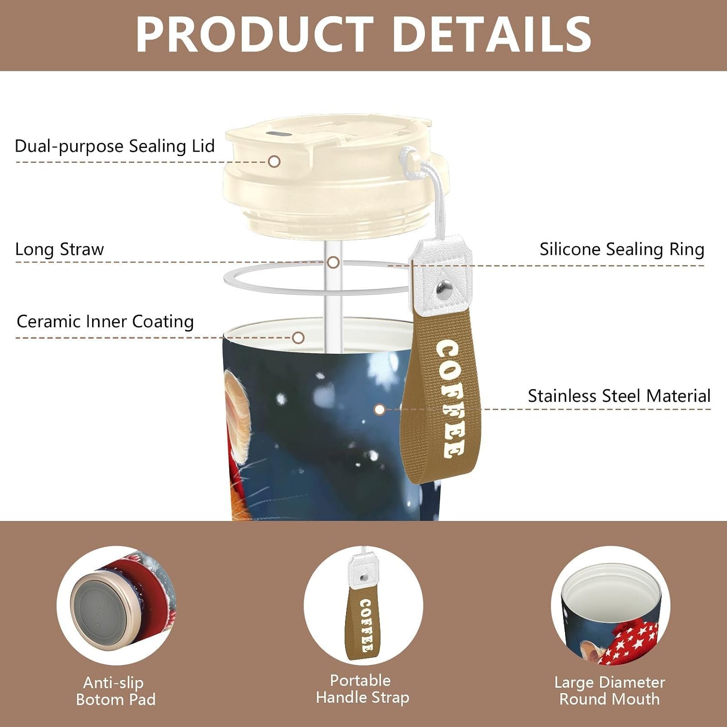 Hamster Skateboard Snow Insulated Coffee Mug with Straw & Flip Lid, 16.9oz Iced Tumbler Cup, Double Wall Vacuum Mug for Travel Office